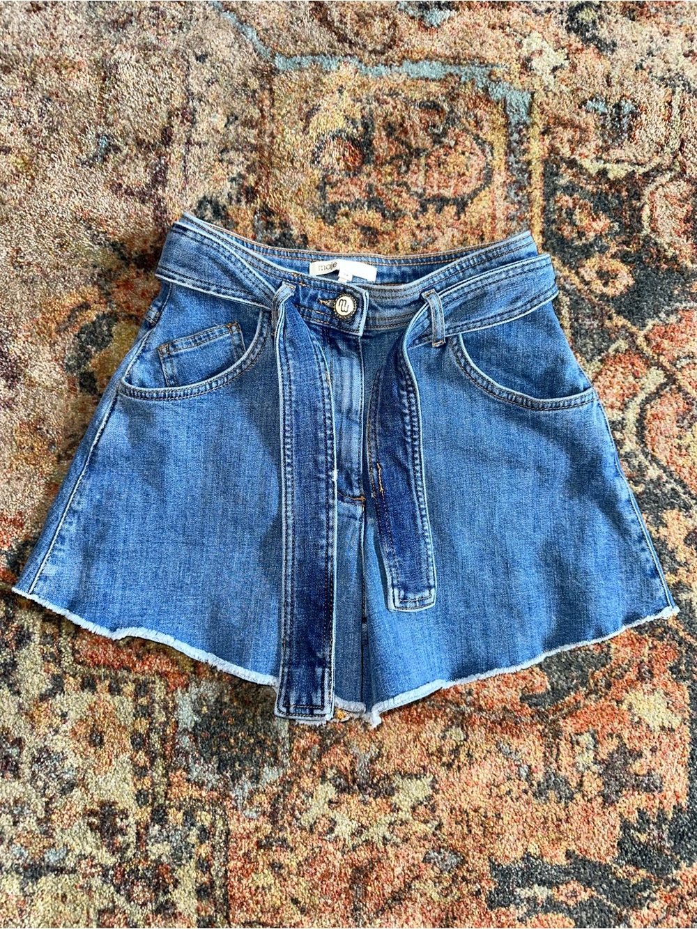 Maje Blue Denim High-Waist Tie-Belt Shorts